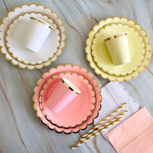 40pcs/lot Disposable Tableware Solid Color Party Paper Cups Gold Plates Birthday Kids Favors baby Shower Supplies Wedding decor