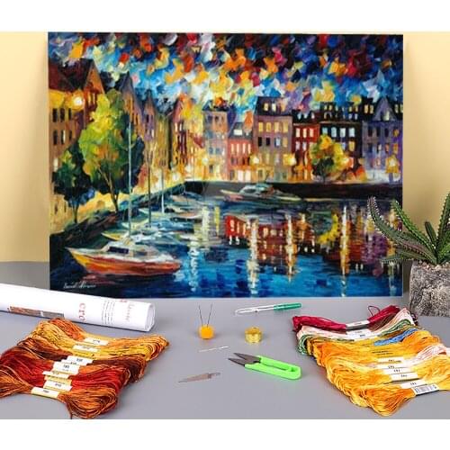 Amsterdams Harbor Printed Water-Soluble Canvas 11CT Cross-Stitch Embroidery Complete Kit DMC Threads Hobby Painting Decor