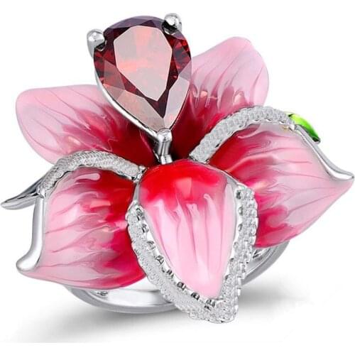 Red Flower Bling Zircon Stone Plant Luxury Rings for Women Cute Wedding Anillos Engagement Fashion Party Statement Jewelry 2019