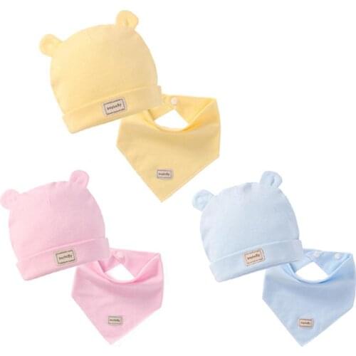 New Cute Infant Baby Boy Girl Solid Color Cotton Cap Summer Hat with Ears Triangle Towel Scarf