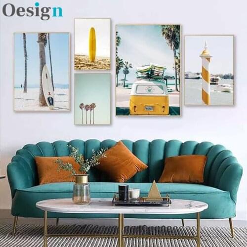 Nordic Ozean Landschaft Leinwand Poster Gelb Bus Skateboard Strand Palme Wand Kunstdruck Malerei Skandinavischen Stil Wohnkultur