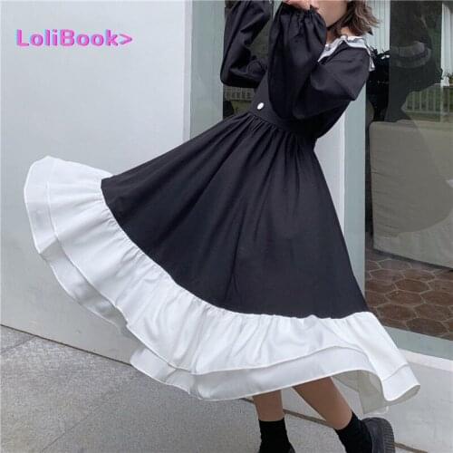Lolibook Spring Goth Dress Women Elegant Lack Patchwork Japanese Party Midi Dress Female High Street Vintage Korean Dress Women