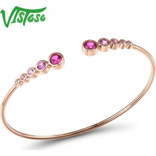 VISTOSO 9K 375 Rose Gold lab Created Ruby Created Pink & white Sapphire Unique Bangle Bracelet For Lady Engagement Anniversary