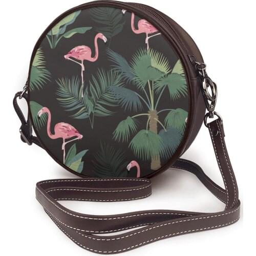 2021 Womens Fashion Small round Bag Tropical Flowers Leaves Flamingo Shoulder Bag Messenger Crossbody Bag Phone Coin Purse