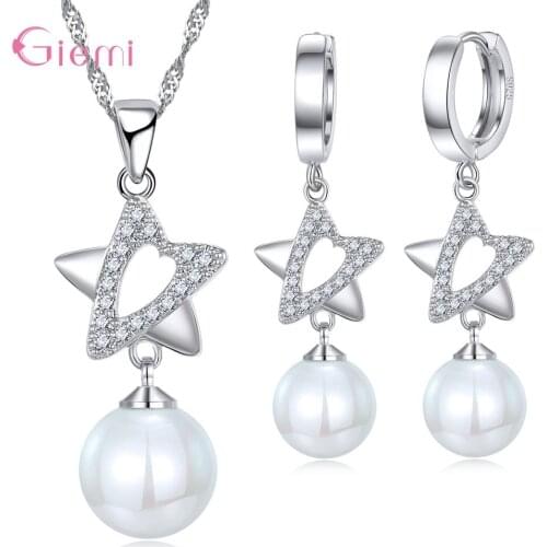 Fashion 925 Sterling Silver Cubic Zircon Star Earring Pendant Necklace Jewelry Kits for Women Girl Pearl Dangle Earrings Brincos