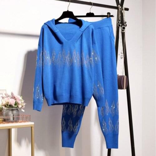 Runway Fashion Women Autumn Winter Blue White Black Hoodies+ Full-Lenght Pants Casual Beading Holiday Sets