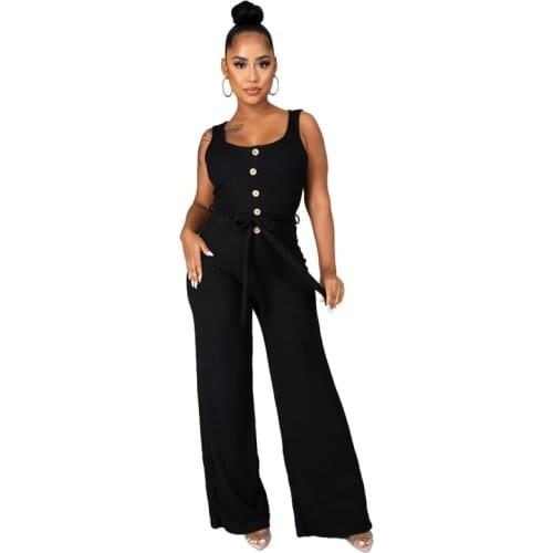 Womens Sexy Casual Summer Solid Color Sleeveless Jumpsuit With Belt