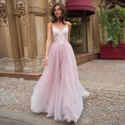 Pink Long Party Dress Wedding Amazing Spaghetti Strap Appliques Tulle Vestidos De Fiesta Criss Cross Backless Beach Bridal Gowns