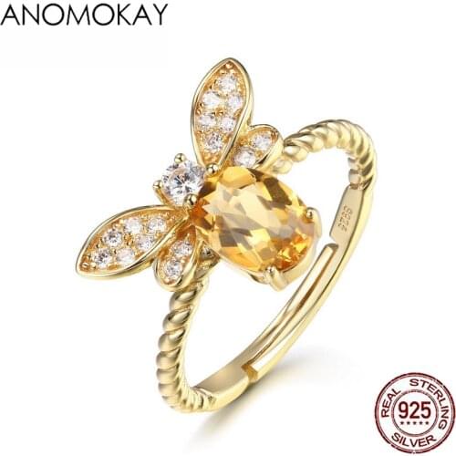 Anomokay Romantic Trendy Yellow CZ Bee Gold Color Rings for Party Anniversary Real 925 Sterling Silver for Women Girl Gift