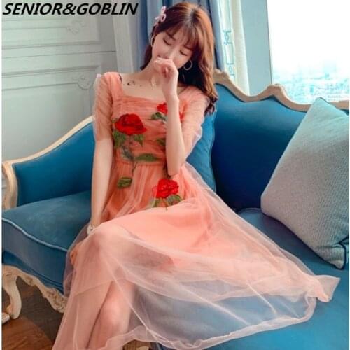 New 2019 High Quality Fashion Designer Runway Dress Womens Short Sleeve Vintage Mesh Rose Embroidery Long Dress