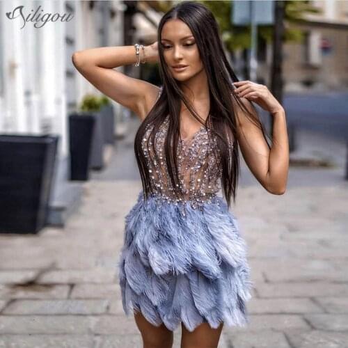 Ailigou 2020 New Summer High Quality Purple Mini Sequined Feather V-Neck Fashion Tight Dress Nightclub Party Tight Dress