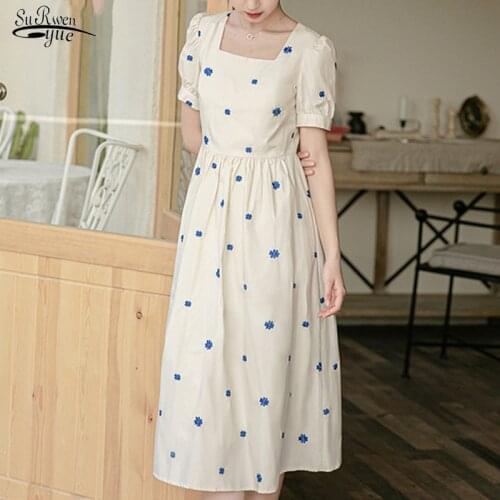 2021 Plus Size Floral Square Collar Dress Summer Elegant Sweet New Women Dress French Embroidery Slim Midi Dress Vestidos 15172