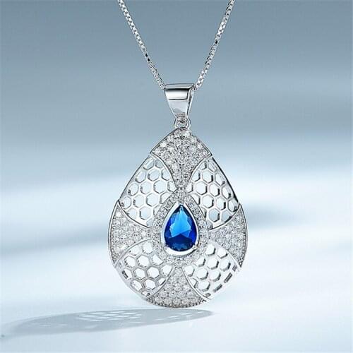 DY 925 Sterling Silver Necklace Nano Blue Sapphire Cubic Zirconia Pendant With Chain Necklace For Female Elegant Fine Jewelry