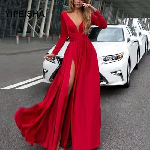 Captivating Deep V-Neck Evening Dresses 2021 Long Sleeves Chiffon Prom Gowns Sexy High Side Slit Women Formal Party Dress