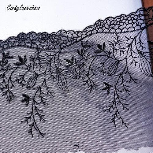1 Meter 12cm Width Leaves Embroidered Lace Trims Black Mesh Bra Costume Decorative Lace Applique Trimmings Lace Fabric DIY Craft