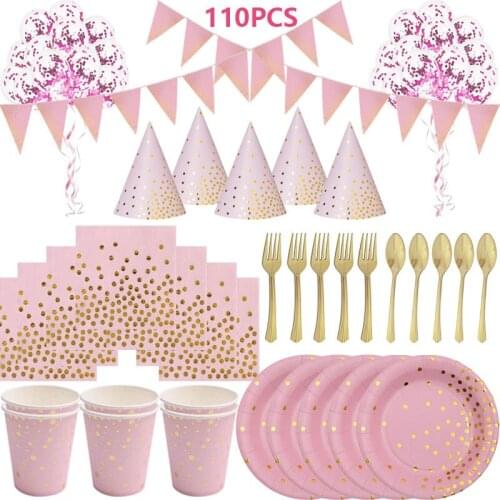 110pcs/Set Pink Gold Dot Tableware Paper Towel Cup Plate Disposable Wedding Party Decor Kids Birthday Baby Shower Party Supplies
