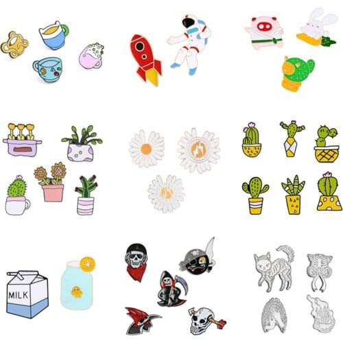 2-6PCS/Set Cartoon Plant Cactus Daisy Flower Rrocket Space Enamel Pins Skull Halloween Brooches Lapel Pin Creative Badge Jewelry