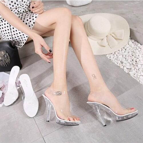 2020 PVC Women Slippers Fashion Sexy High Heeled 12CM Women Sandals Clear Heels Open Toe Mules Transparent Female Party Shoes