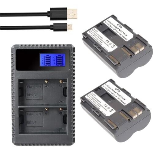 2pc 1800mAh BP-511 BP 511 BP-511A Camera Battery + LCD USB Charger for Canon BP-511 BP-511A EOS 50D 40D 30D D60 D30 5D Bateria