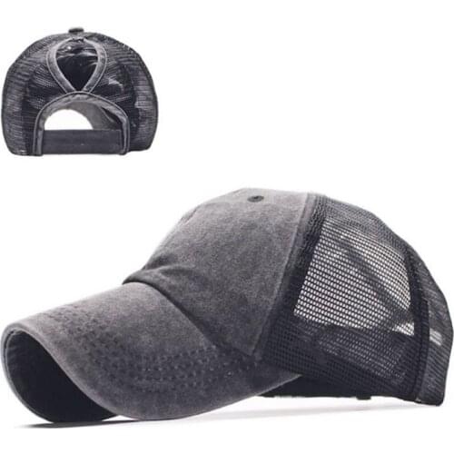 Summer Women Messy Bun Ponytail Baseball Cap Vintage Washed Color Breathable Mesh Trucker Caps Adjustable Snapback Hat