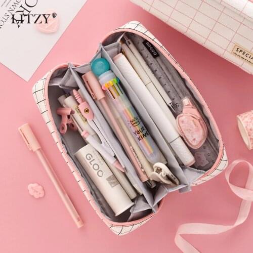 LITZY Large Capacity Pencil Girl Pink Plaid Canvas Pencil Bag Kawaii Big Pencil Pouch Black To School Stationery Student Supply