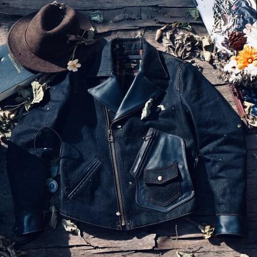 CDJ-98 Read Description! Asian Size Super Top Quality Genuine Italian Leather & 22oz Raw Denim Slim Classic Stylish Jacket