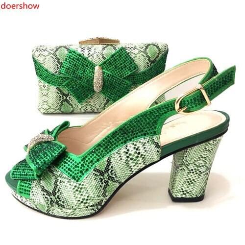 Doershow Fashion Rhinestone green Shoes And Bag Set Newest African Women High Heels Pumps Matching Purse For Wedding! SM1-17