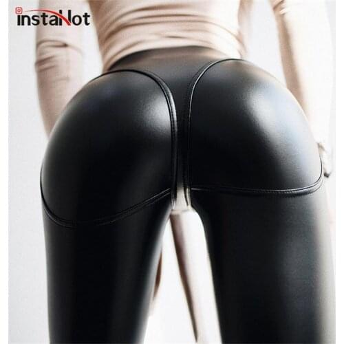 InstaHot 5%Spandex Faux Leather Pant Women Legging High Waist Pencil Pant Bubble Butt Slim Sexy Casual Streetwear Trousers