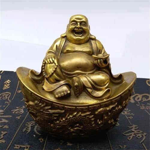 Chinese Fengshui brass Happy Laugh Maitreya Yuanbao Ruyi Bat Buddha statue home decoration metal handicraft