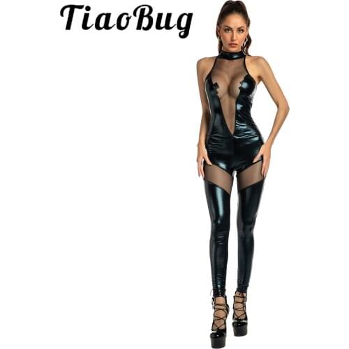Womens Halter Sleeveless Romper Stage Show Party Costumes Wetlook Hot See-through Mesh Patchwork Leotard Patent Leather Catsuit