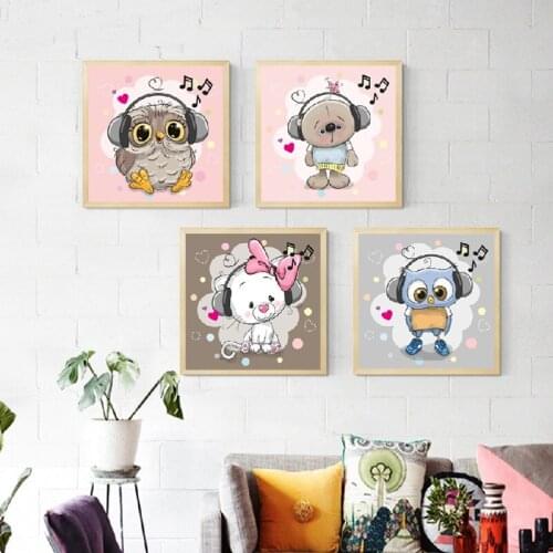 Cute Animal Cartoon Owl Listening To Music Modern Poster Print Canvas Painting Picture Home Aisle Wall Art Bedroom Decoration