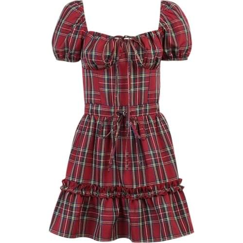 Ruibbit Black Red Plaid Mini Dress Goth Puff Sleeve High Waist Mini Dress Vintage Ruffle A Line Lolita Girls Dresses