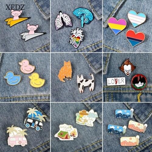 XEDZ Heart Lung Duck Piglet Paper Airplane Clown Orange Cat Cartoon Enamel Brooch Set Fashion Jewelry Gifts