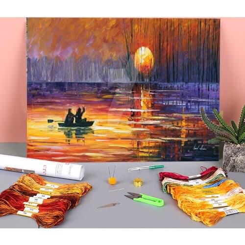 Sunset Fishing Pre-Printed 11CT Cross Stitch DIY Embroidery Complete Kit DMC Threads Sewing Painting Hobby Different