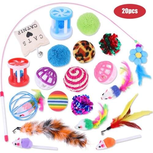 20pcs/set Pet Cat Toy Set Feather Teaser Wand Catnip Toys Mouse Balls Rings Cats Interactive Products Cat Toys Set Cats Supplies