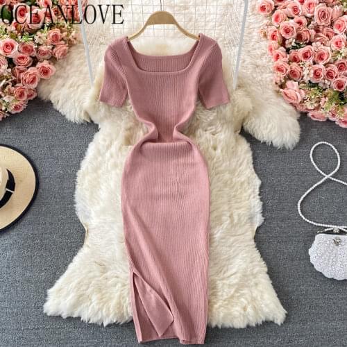 OCEANLOVE Knitted Dress for Women Clothing Solid Short Sleeve Square Neck Stretch Vestidos Sexy 2021 Spring Summer Dresses