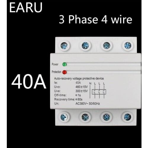 40A 380V 3P+N Din Rail Self Recovery Automatic Reconnect Over & Under Voltage Lightening Protection Protector Protective Relay