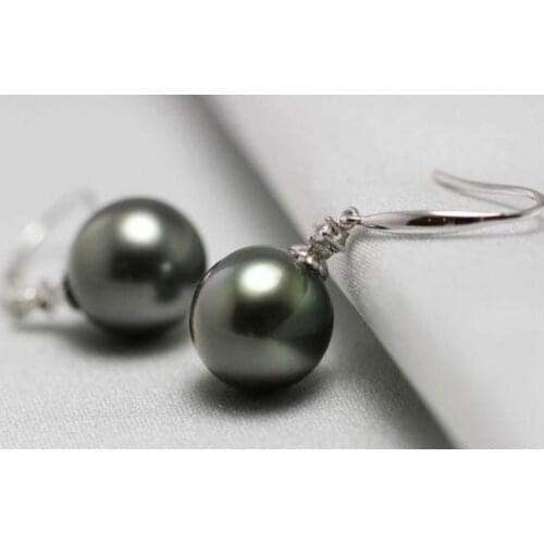 CHARMING pair of 10-11mm tahitian black green pearl earring 925s