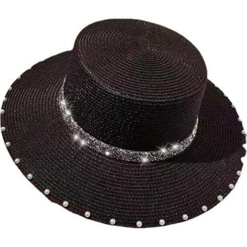 Spring Summer New Retro Gold Braided Flat Head Straw Hat Lady Wide Eaves Sunscreen Sun Hat Diamond Cap 2021 Hot