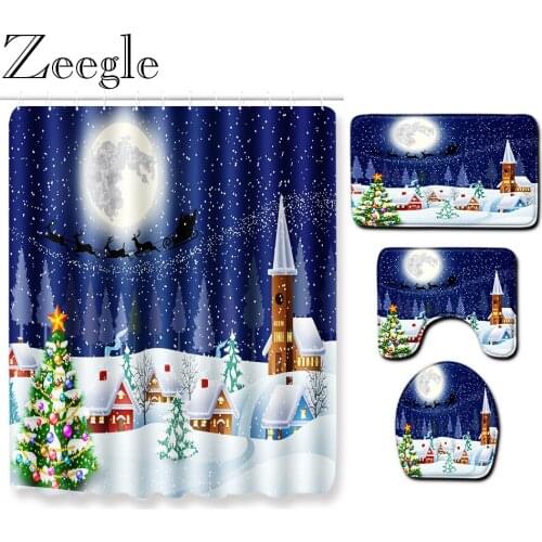 Zeegle Christmas Bath Curtain Waterproof Bathroom Carpet Anti-slip Bathroom Carpet Shower Mat Absorbent Toilet Cover Seat Rug