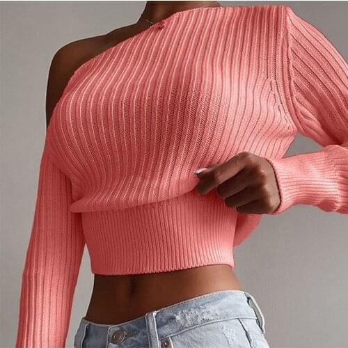 Women Knit Pink Color Elegant Sweaters Autumn Sexy One Shoulder Pullovers Tops Casual Ladies Long Sleeve Ribbed Sweaters G2868