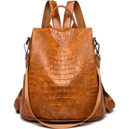 Female Backpack Women Crocodile Pattern Real Pu Leather Anti-Theft Backpack Travel Back Pack Women Shoulder Bags
