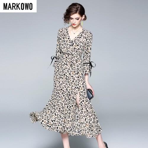 MARKOWO Designer Brand 2020 Lady Sexy Leopard Slim Slim Waist V-neckWomen Office Dress