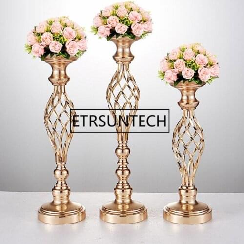 10PCS/LOT Flowers Vases Candle Holders Road Lead Table Centerpiece Metal Gold Stand Pillar Candlestick For Wedding Candelabra