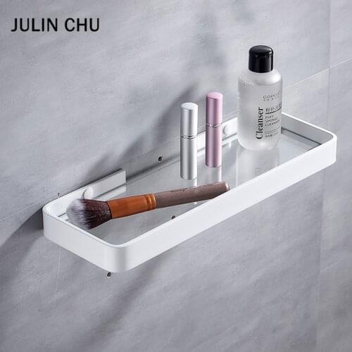 Aluminum Bathroom Shelf White Black Wall Mount Bath Shower Shampoo Storage Corner Rack Kitchen Bathroom Glass Shleves Rectangle