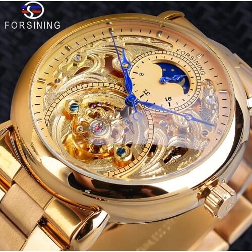 Forsining Automatic Mechanical Business Watch Mens Clock Golden Moon Phase Steel Strap Wrist Watches Top Brand Relogio Masculino