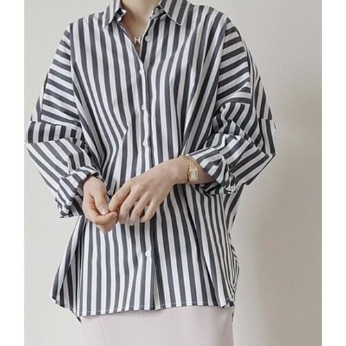Blouse 2021 Japanese Style Loose Thin Wild Vertical Striped Long-sleeved Shirt Women New Tops Fashion Casual Lapel Loose