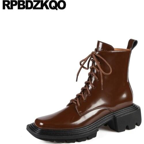 Patent Leather Front Lace Up Casual Ankle Boots Autumn Square Toe Platform Chunky Shoes New Women Combat Martin Military Booties