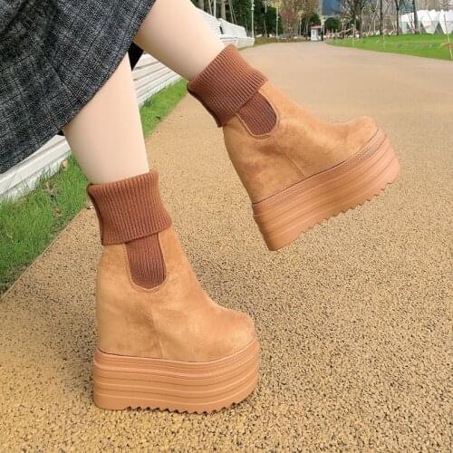 Wedges Short Boots Women Fashion Platform High Heel 14cm Brown Black Boots