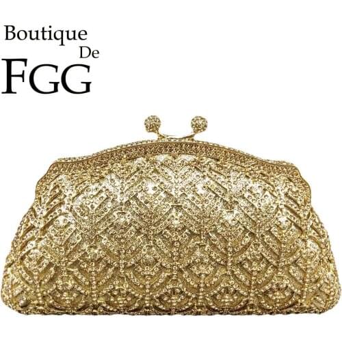 Boutique De FGG Elegant Women Gold Evening Bags and Clutches Formal Dinner Diamond Handbags Wedding Rhinestone Purse